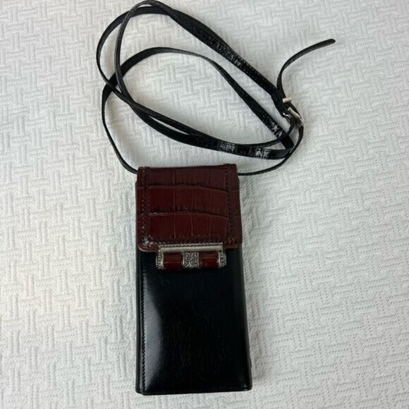 Vintage Brighton Black Crossbody Wallet Card Holder Bag Purse Leather Travel - Picture 1 of 16